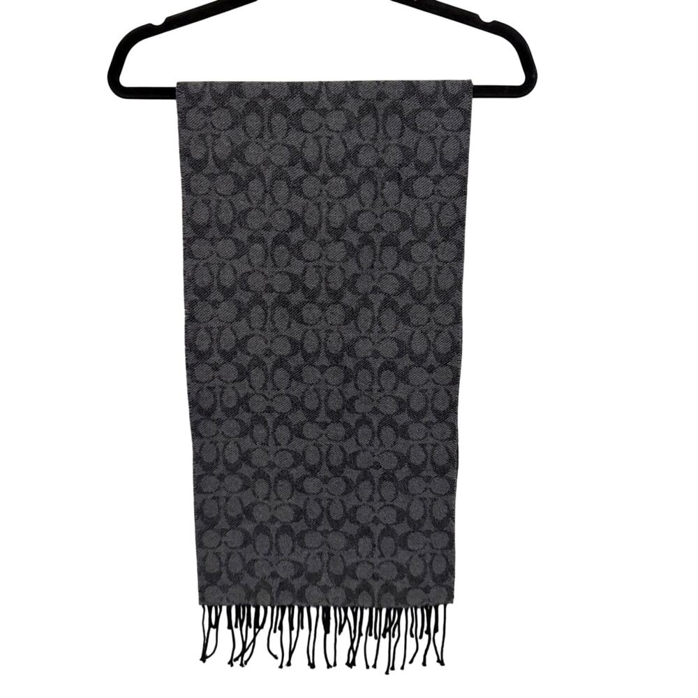 Coach 76057 Signature Wool Cashmere Scarf Designer Luxury Warm Soft Fringe Gray - Picture 2 of 6